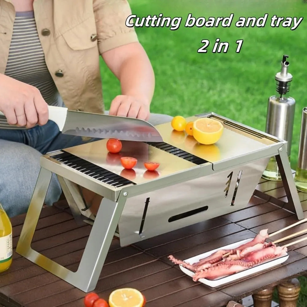 Small folding portable charcoal grill for outdoor barbecues, shown in use and folded for storage.