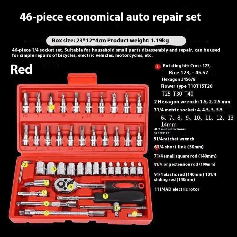 53-piece red and black socket wrench tool set in storage box for home maintenance