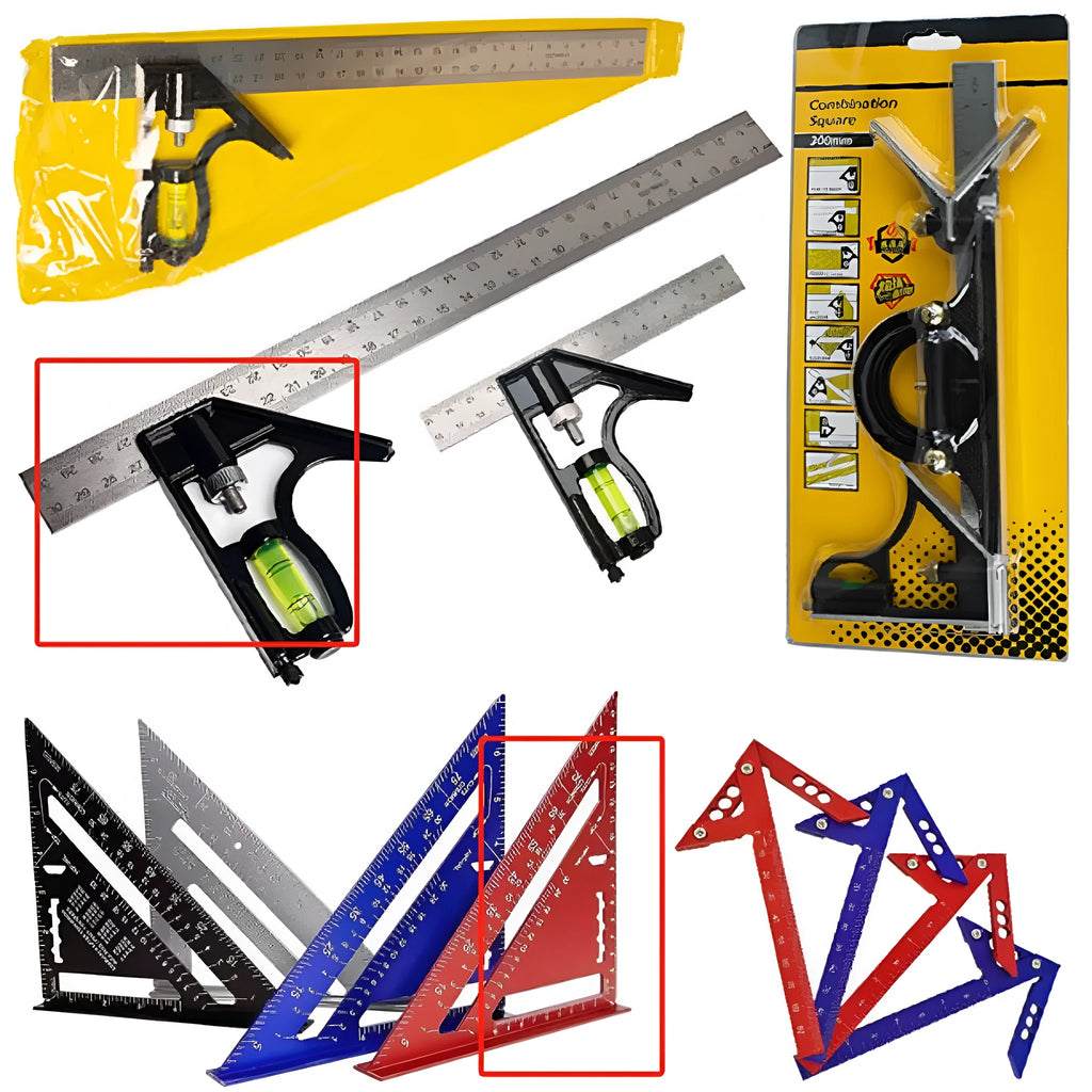 Red metal combination angle ruler with 7-inch length showing English and metric measurement scales
