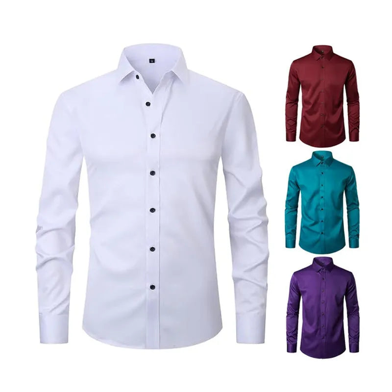 Men's stretch polyester long sleeve work shirt shown in a light colour on a hanger