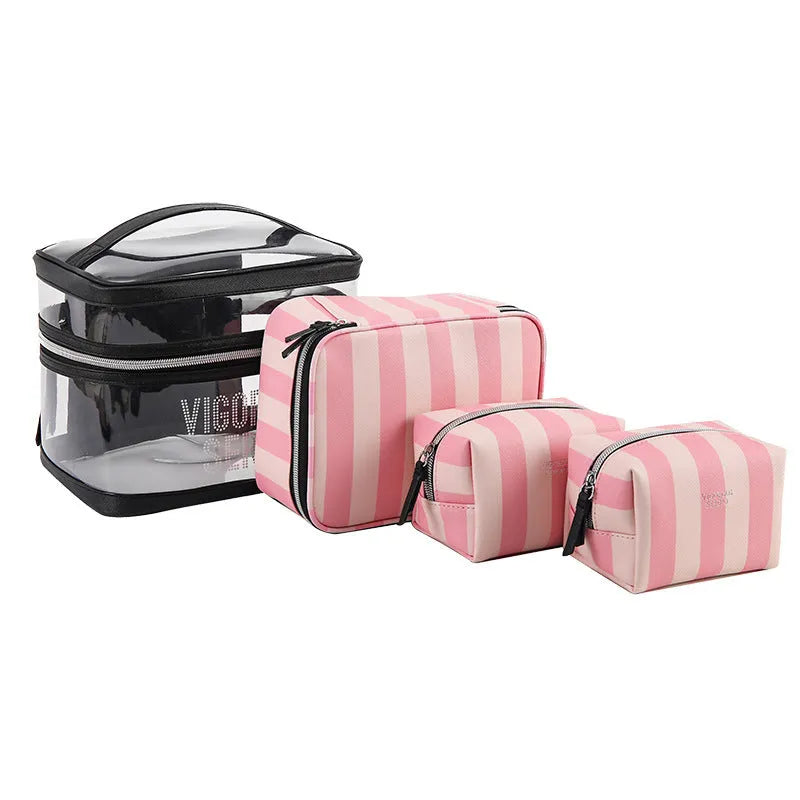 Pink bold stripe floral pattern waterproof synthetic leather makeup buggy bag folded