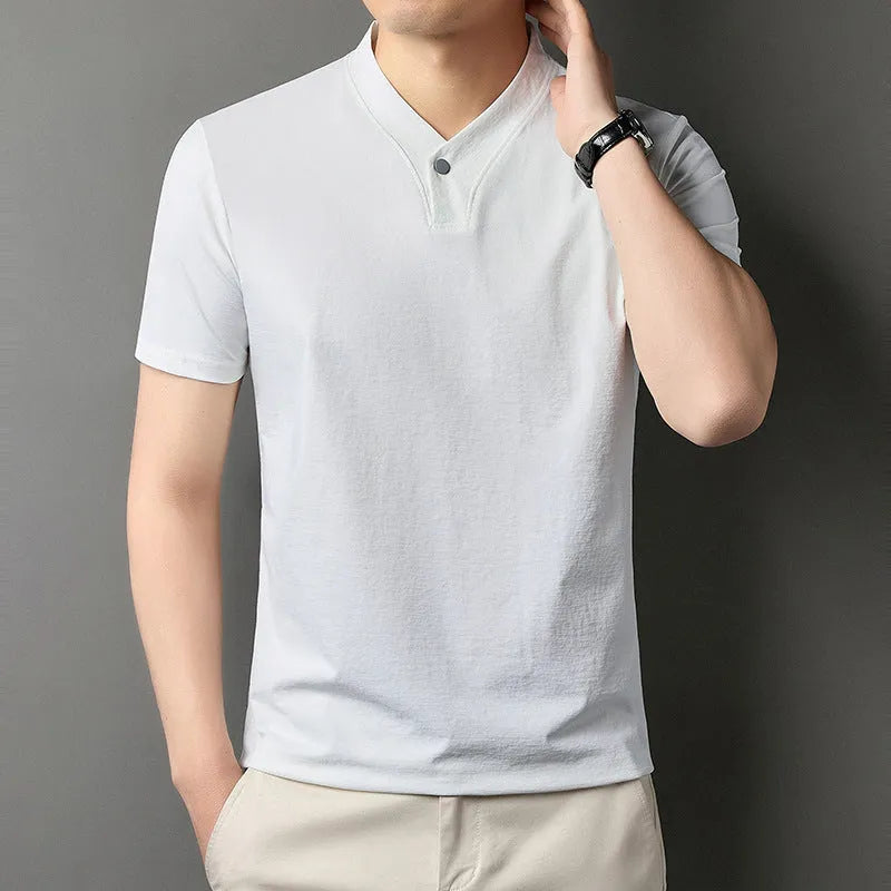 Young men's short sleeve polyester blend T-shirt with zipper fastening in khaki colour, regular fit