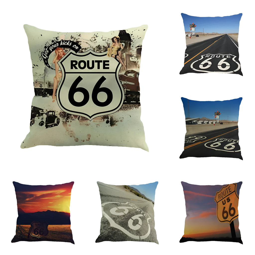 Route 66 landscape pattern printed on a square linen-blend cushion cover, shown in one of six colour options