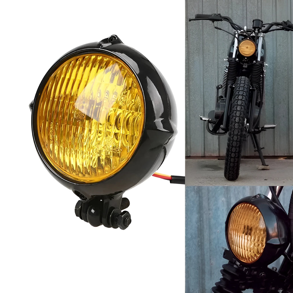 Black electroplated retro motorcycle headlight with aluminium housing and 8cm diameter