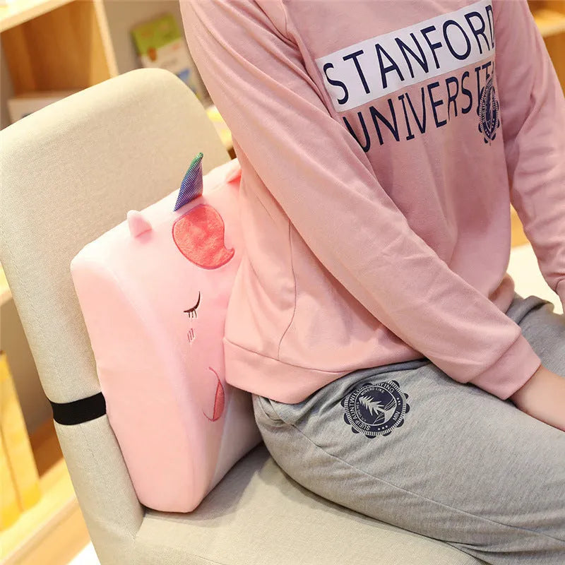 Cartoon memory foam seat cushion in pink unicorn design with removable inner core