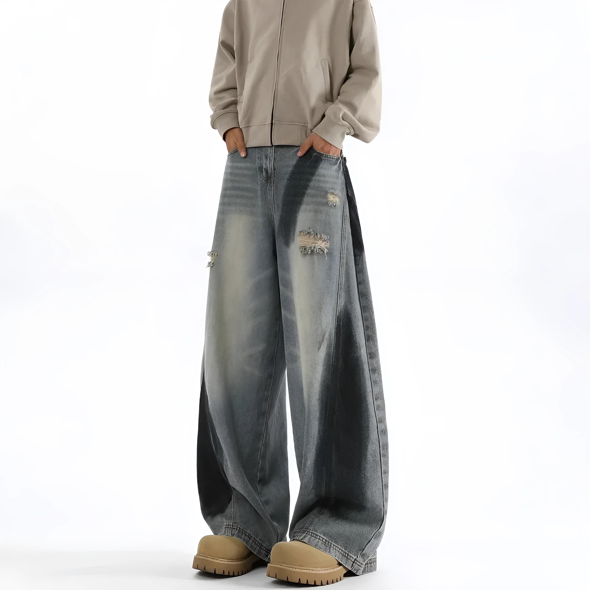 Men's blue American-style splash-ink ripped machete cotton jeans with micro elasticity