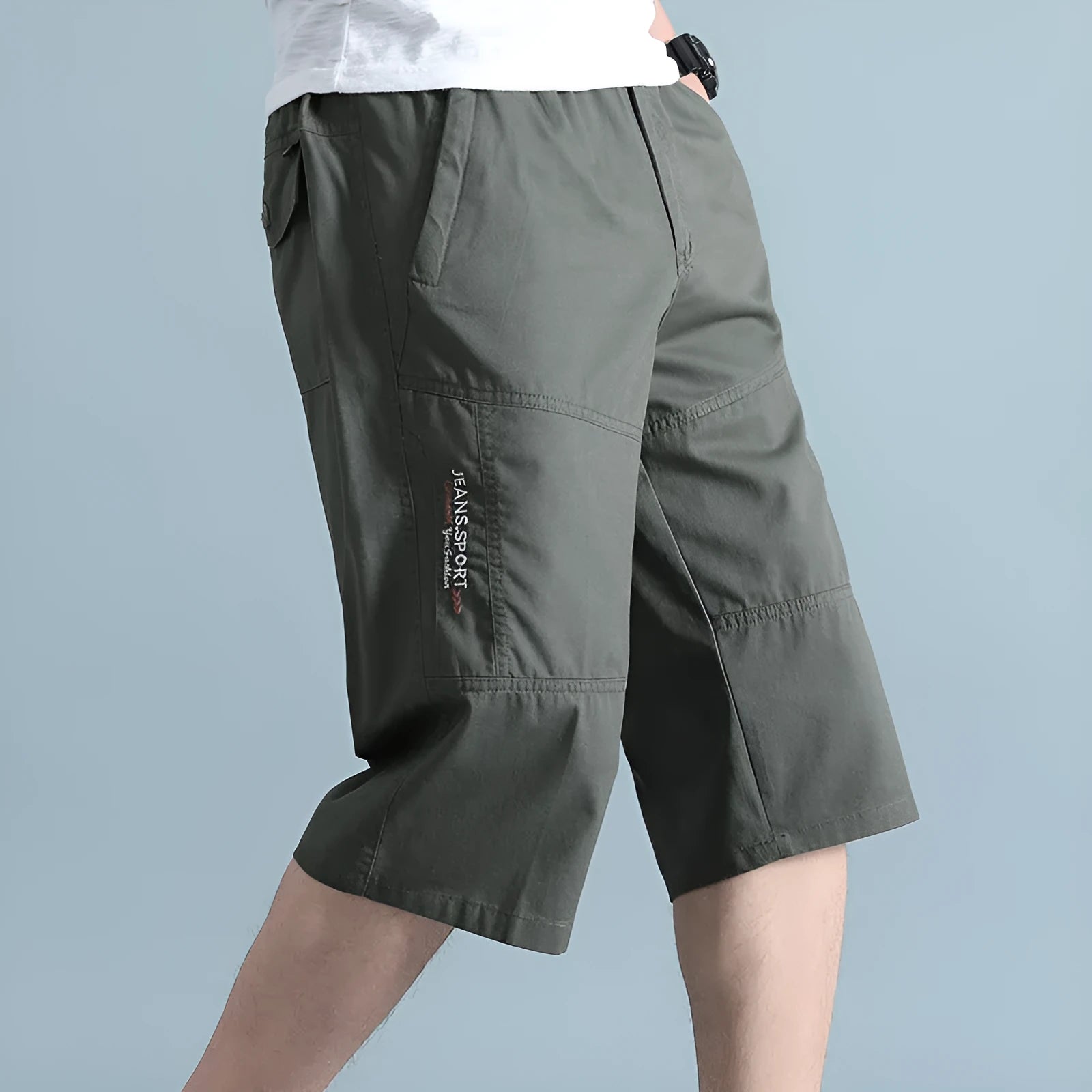 Men's cotton loose straight-leg sports pants in army green, cropped length, summer casual wear