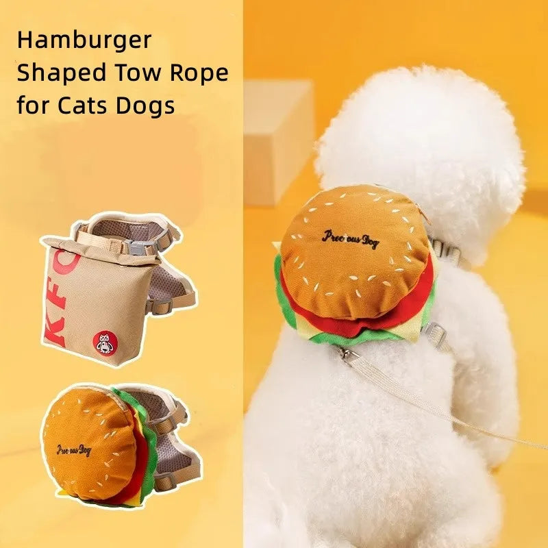 Adjustable dog vest leash with backpack in a cartoon hamburger print, showing the escape proof vest design