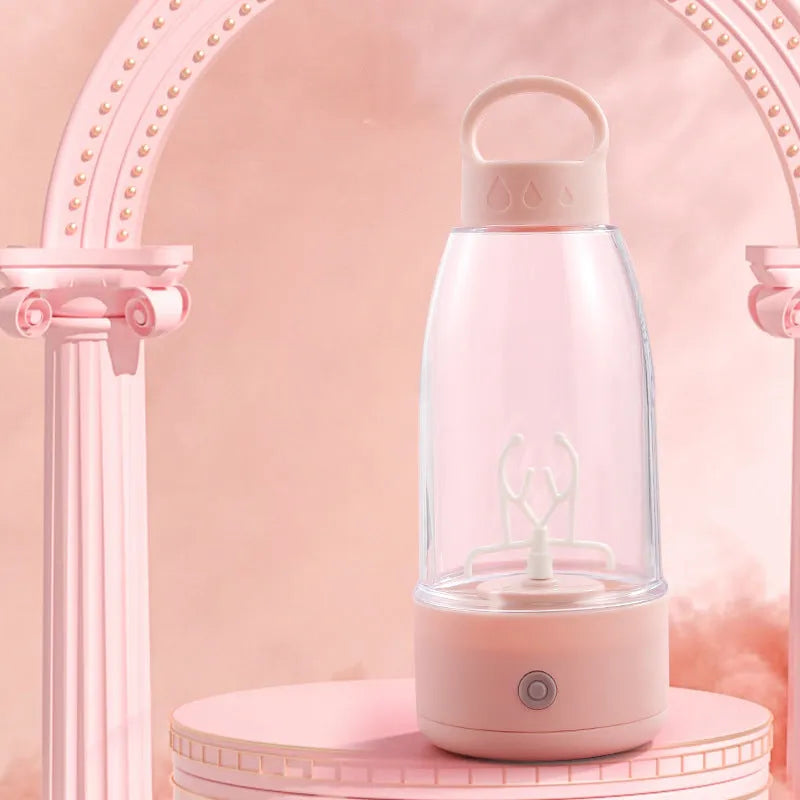 Automatic electric shaker bottle in cream white with USB charging port and handle, 350ml capacity