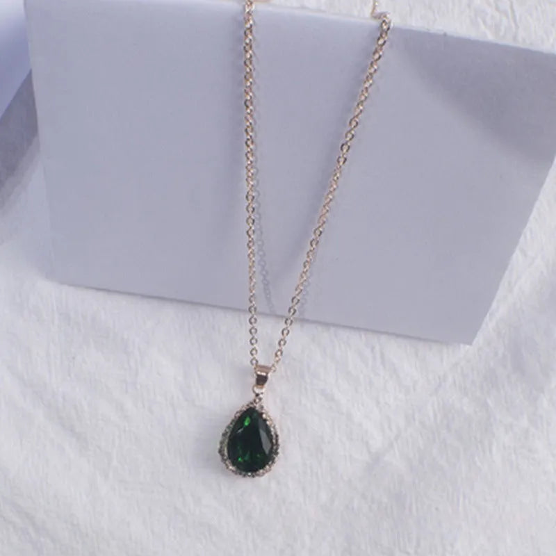 Drop-shape alloy necklace with rhinestone inlay available in eight electroplated colour finishes