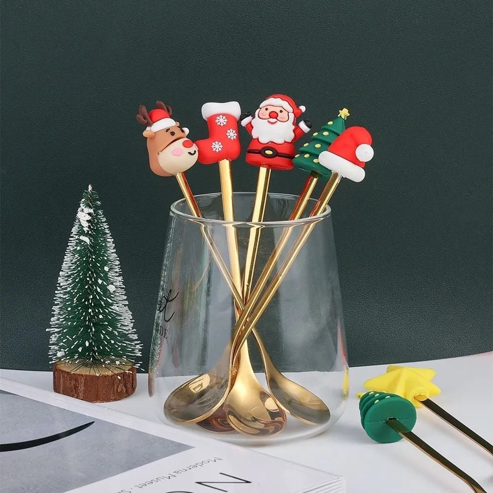Stainless steel Christmas spoon and fork set with red colour and snowman handle design