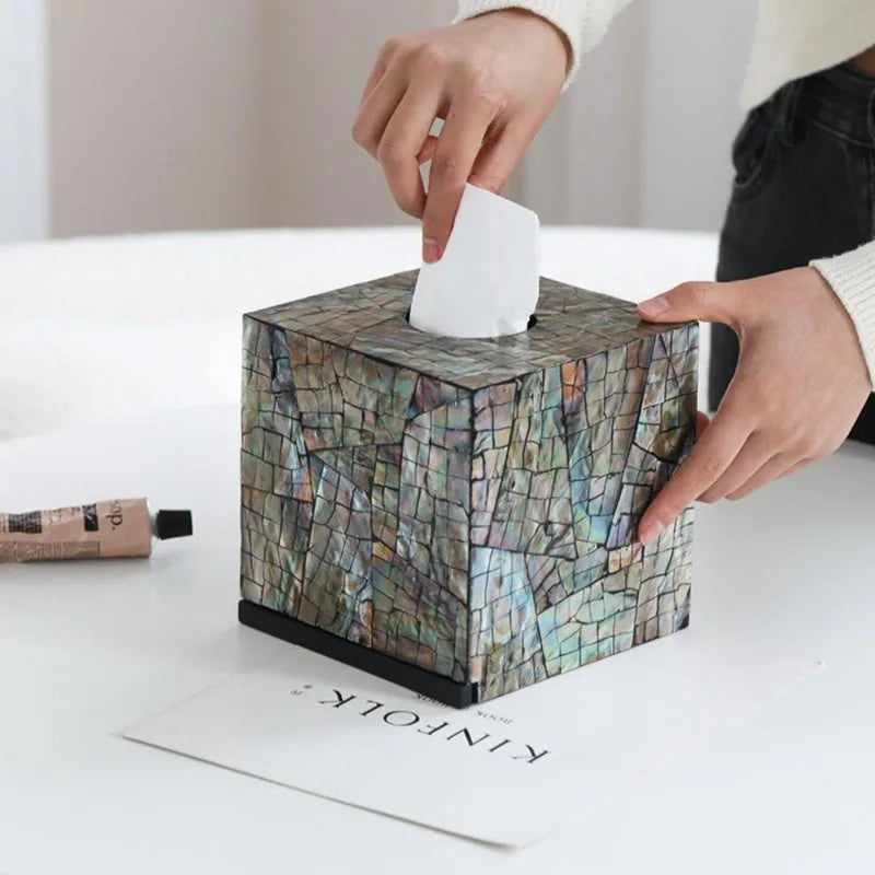 Natural shell tissue box storage container in black with removable organisation for coffee tables