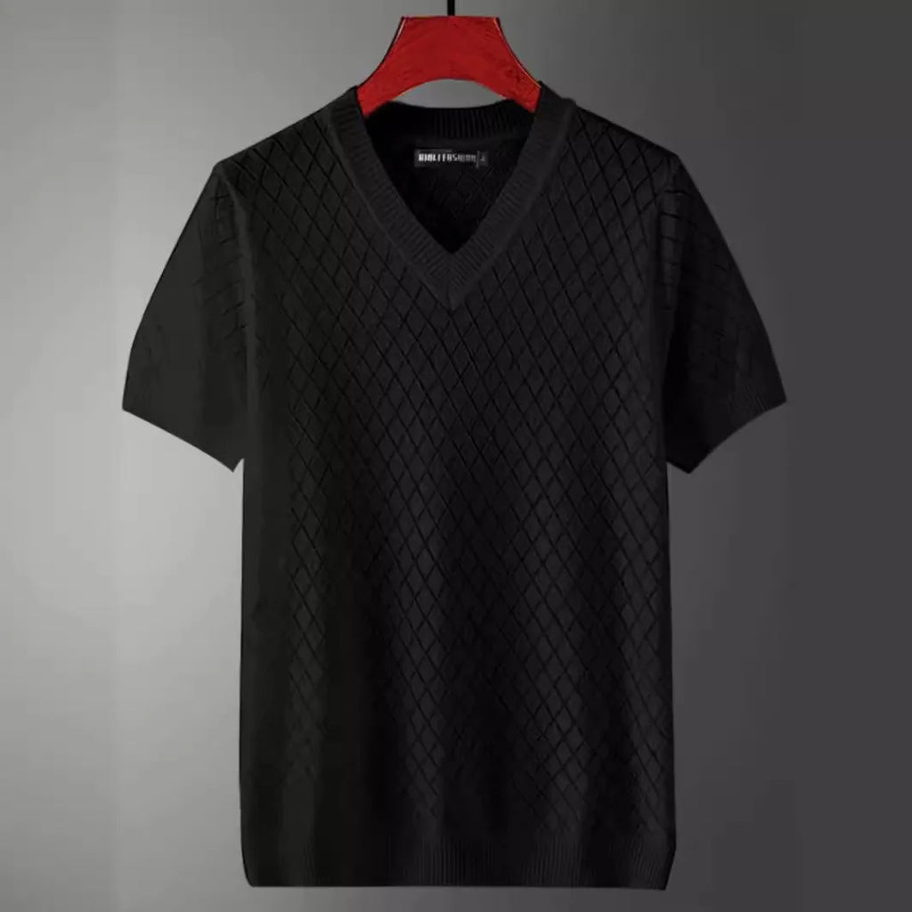 Men's Ice Silk V-neck T-shirt Korean style black and white options