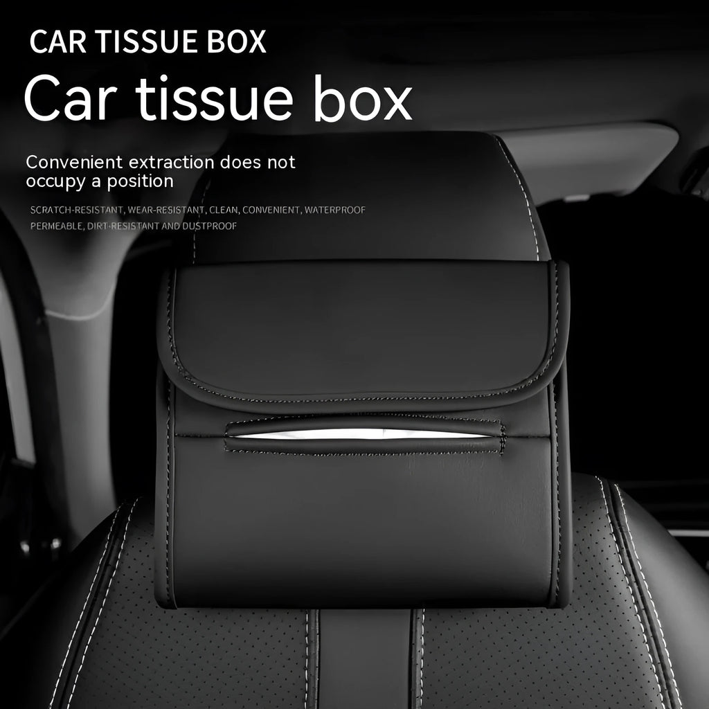 Leather car tissue box with elastic band for mounting on vehicle sun visor or headrest