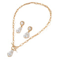 Gold colour retro baroque pearl necklace and matching ear stud jewellery set for women