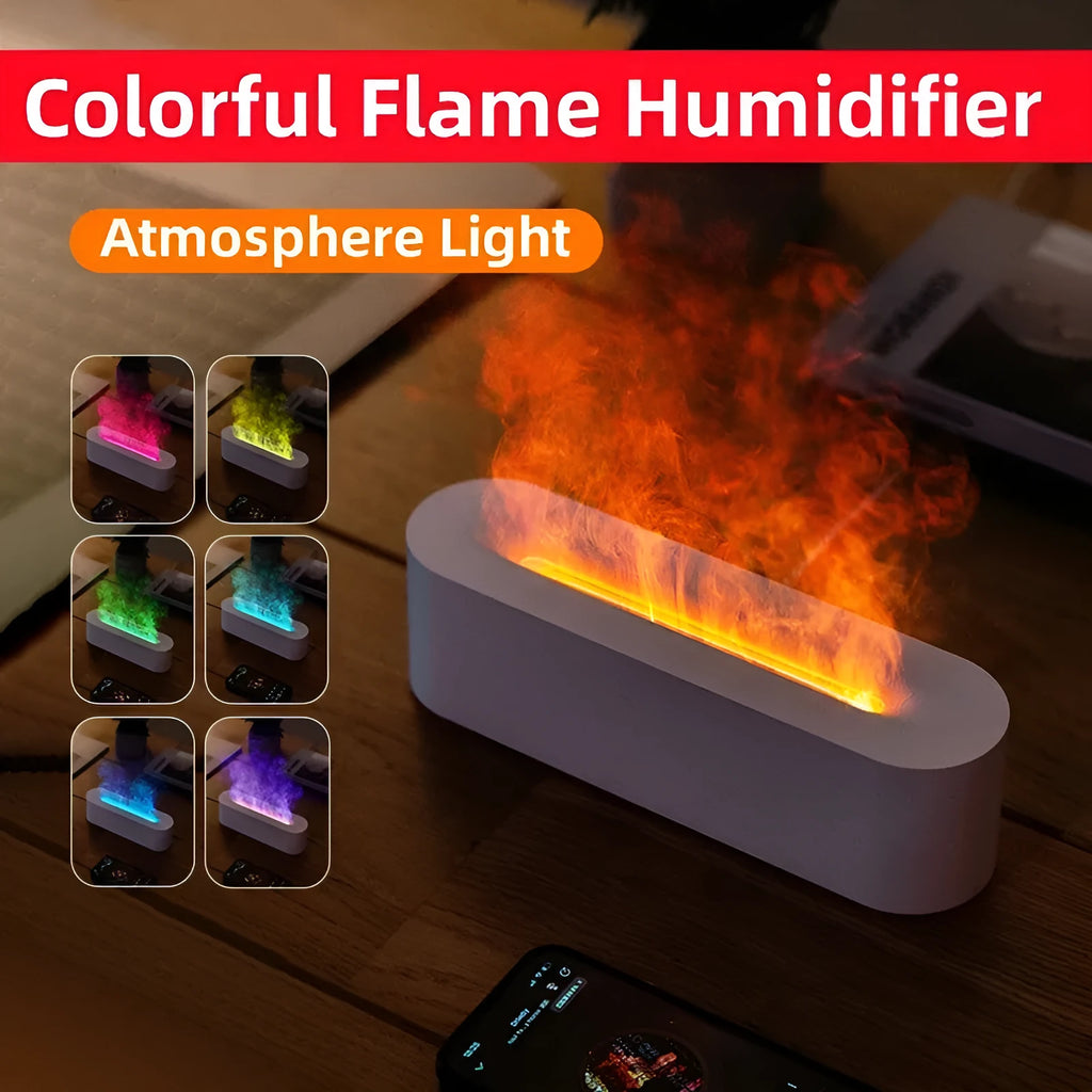 Flame aroma diffuser ultrasonic cool mist humidifier with 7 colour LED and realistic fire effect, square plastic design