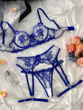 Women's embroidery see-through cutout lingerie set in black including top t-pants and garters