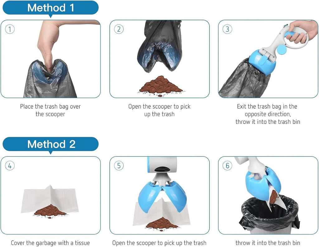 Black pet pooper scooper with built-in bag holder and top carry hook on a grassy background.