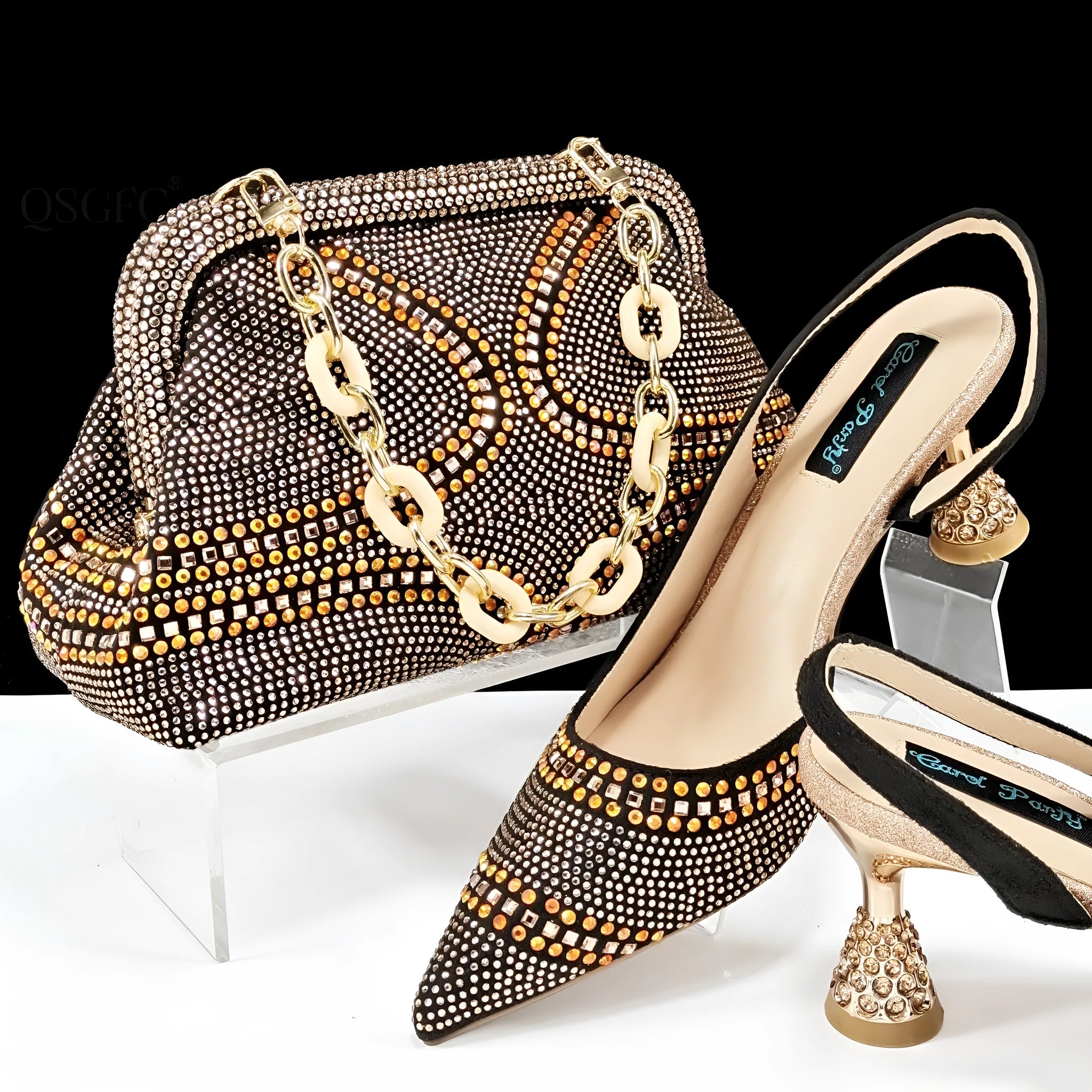 Women's pointed toe high heel shoes with matching bag, featuring a stiletto heel and rhinestone decoration.
