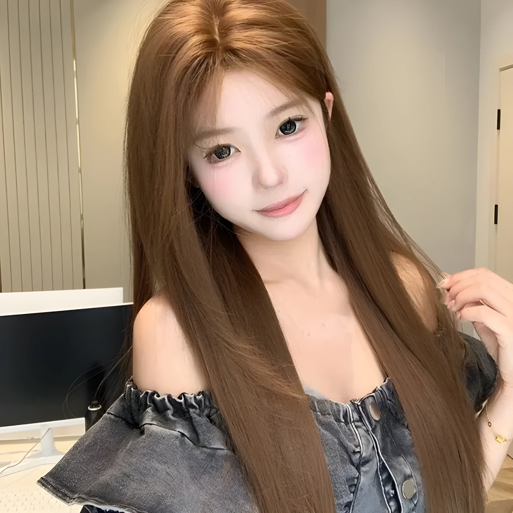 Warm brown lace wig with centre-parted bangs and long straight high-temperature fibre hair on a stand