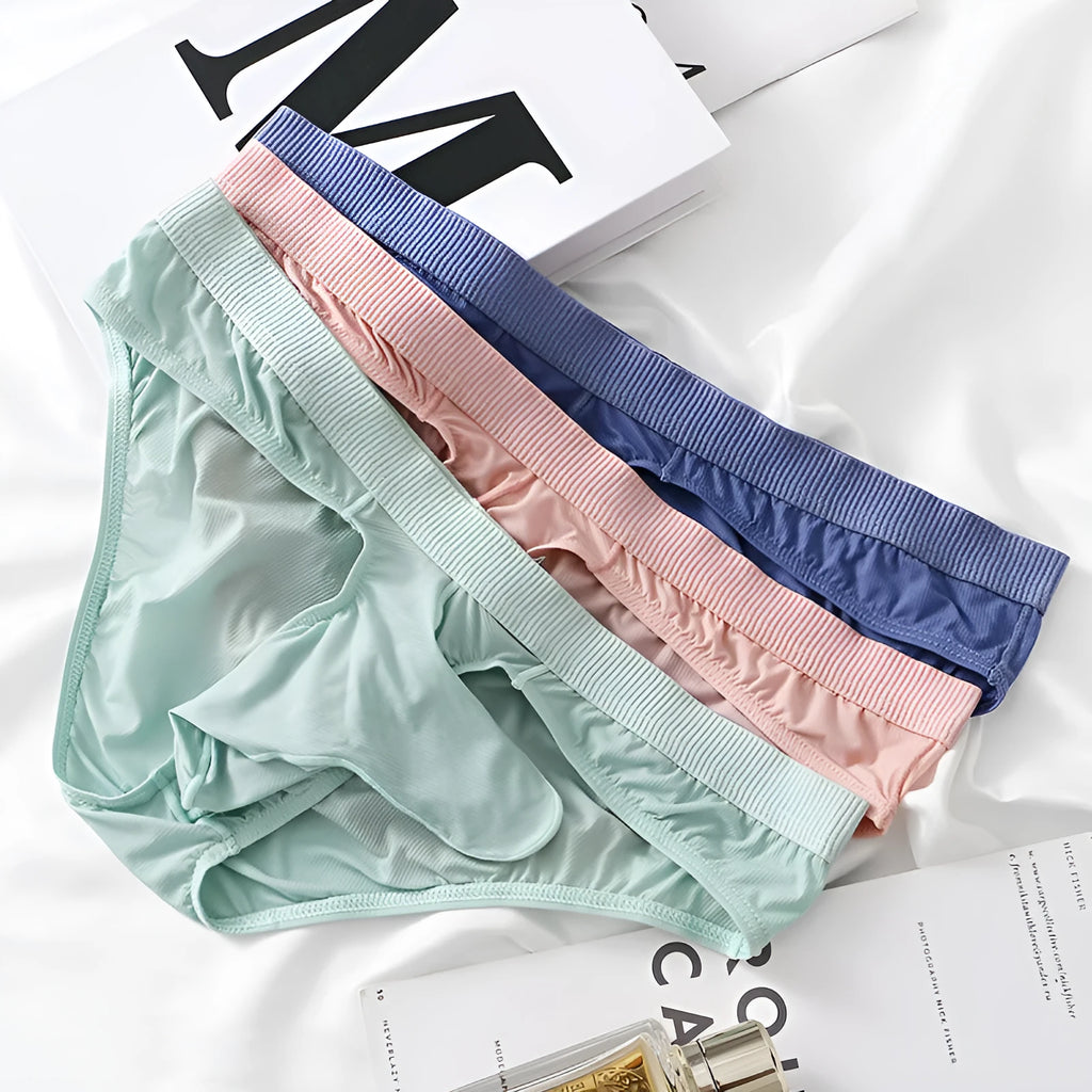 Men's low waist briefs in Ice Silk nylon fabric shown in black, gray, light green, pink, and purple blue colours.