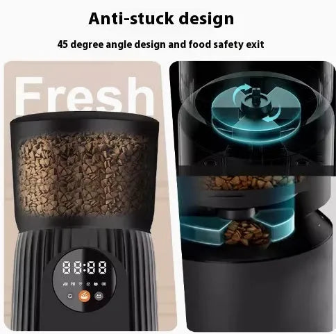 Black and white automatic pet feeder with digital timer display and USB cable