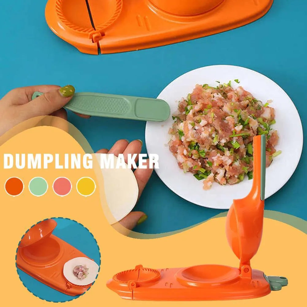 2-in-1 plastic dumpling dough press maker in orange and white, with ergonomic handle and hanging hole for storage