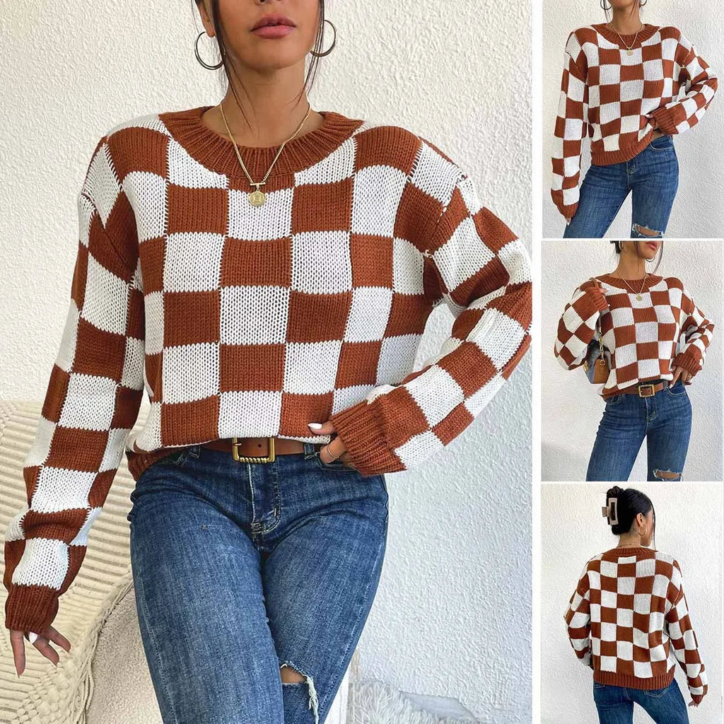 Dark brown plaid acrylic pullover sweater with round neck and long sleeves in loose casual style