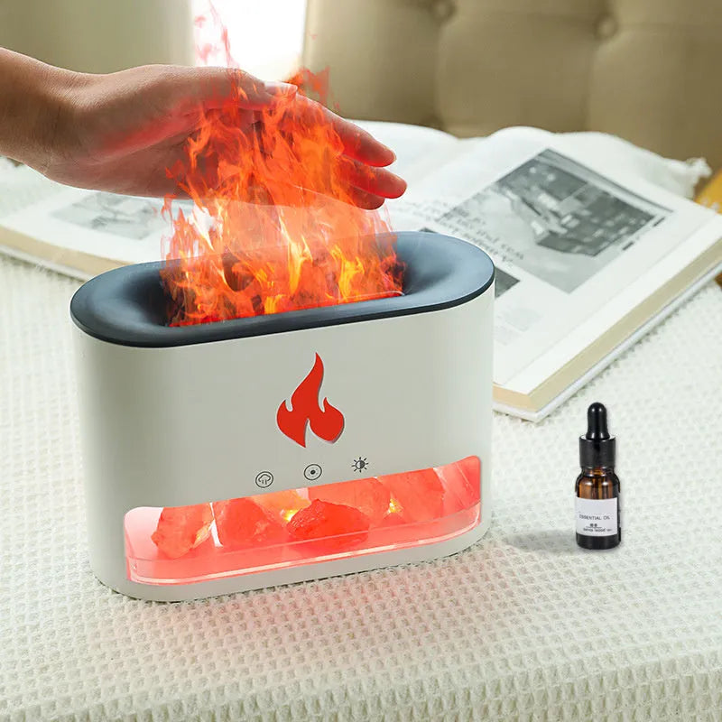 New Flame Humidifier Black - 3D simulation flame humidifier with crystal salt stone and colourful atmosphere lamp