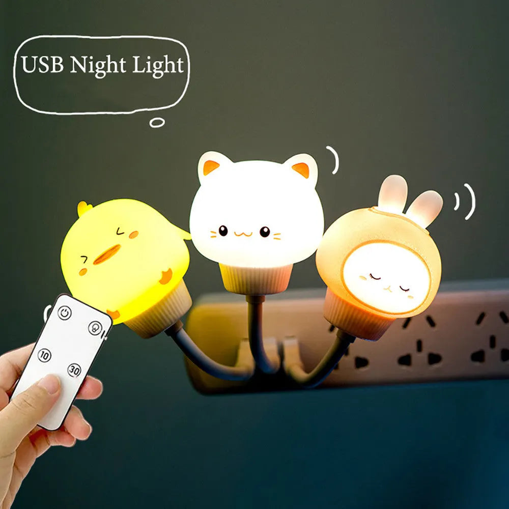 Cartoon animal USB night light with remote control showing bear, rabbit, duck and kitten designs