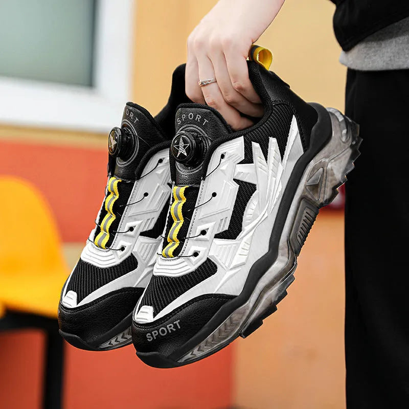 Men's black rotating button casual sneakers with mesh upper and round toe design