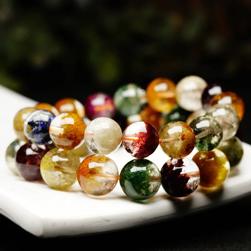 Natural colourful ghost cornucopia crystal bracelet with 10mm beads in ethnic retro style