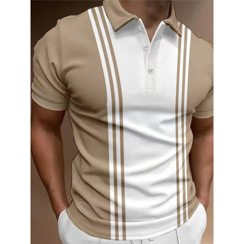 Casual men's T-shirt with three-button lapel in khaki colour, loose fit, short sleeves