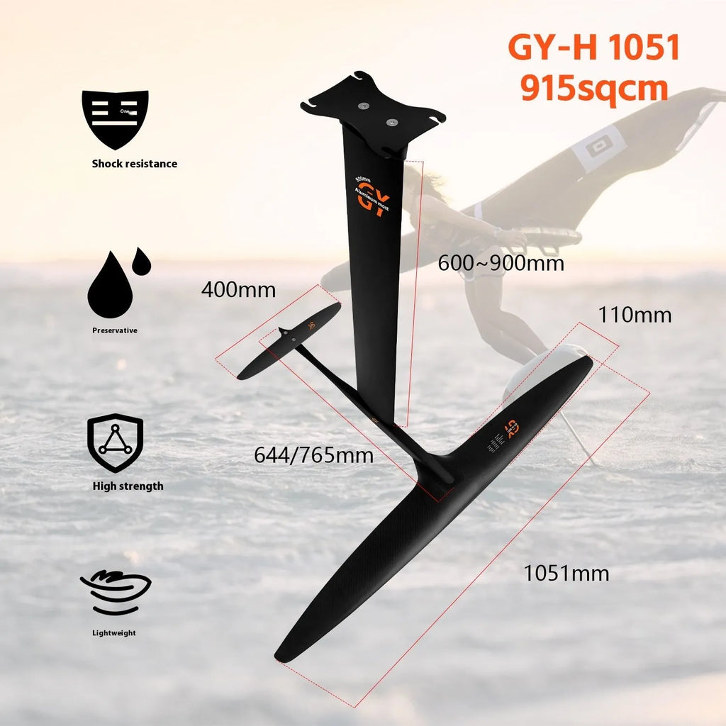 Carbon fiber racing hydrofoil surfboard attachment with aluminium alloy front wing