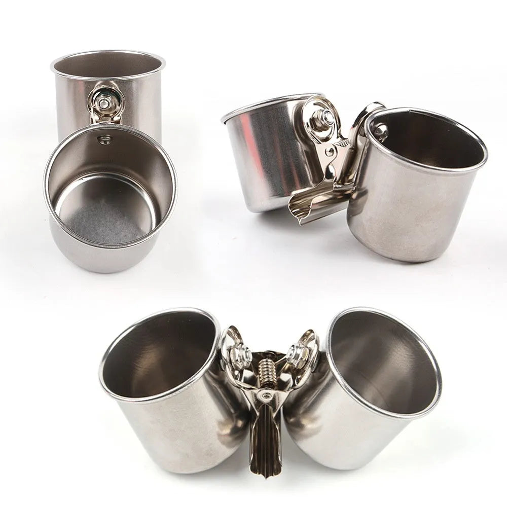 Stainless steel birdcage food container outdoor feeder in natural colour.