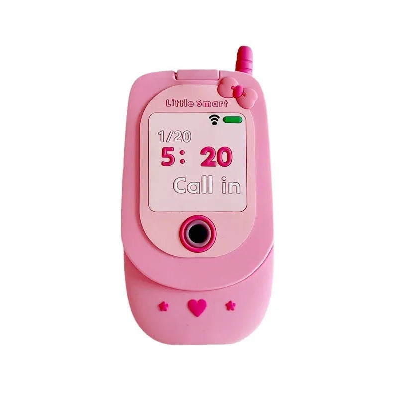 Light pink silicone flip phone case for iPhone with a built-in mirror on the front.