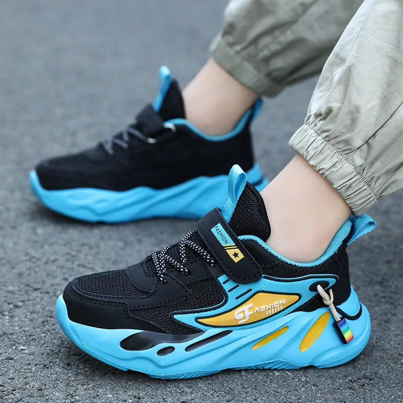 Boys' dark blue and beige PU mesh sports running shoes with Velcro strap and platform sole.
