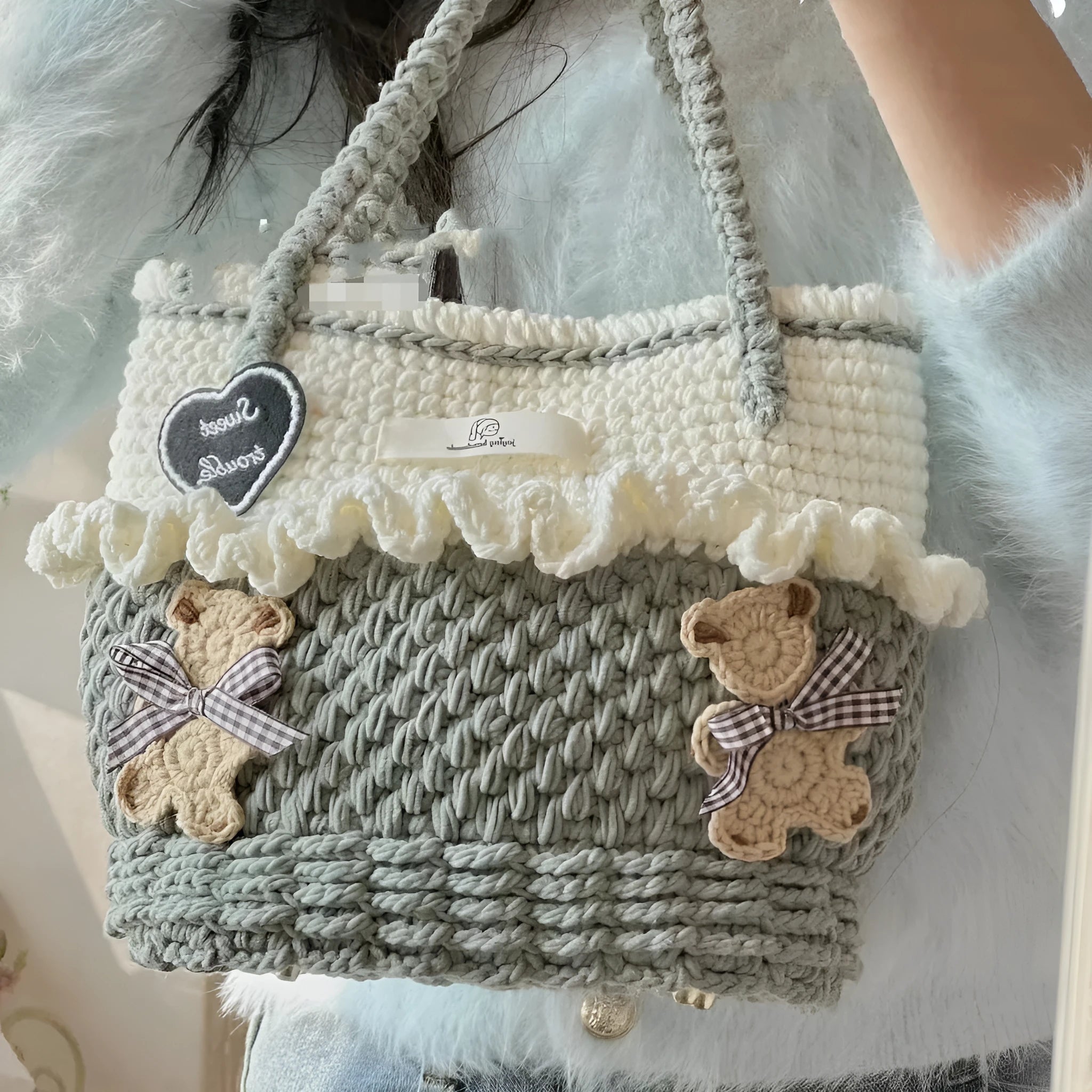 Wool crocheted bear portable shoulder bag with wooden handle and wool handle cloth
