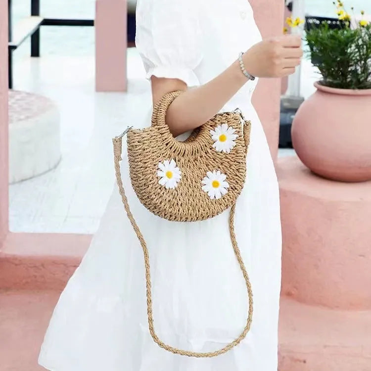 Women's daisy woven straw crossbody bag, light brown, 25x20x8cm, for casual travel