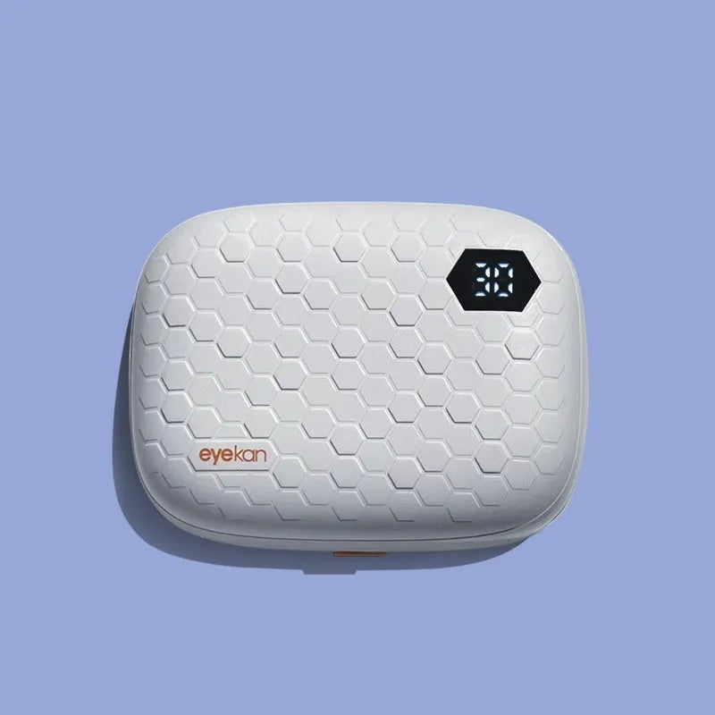 Automatic ultrasonic contact lens cleaning machine in pearl white, blue, or pink plastic housing.