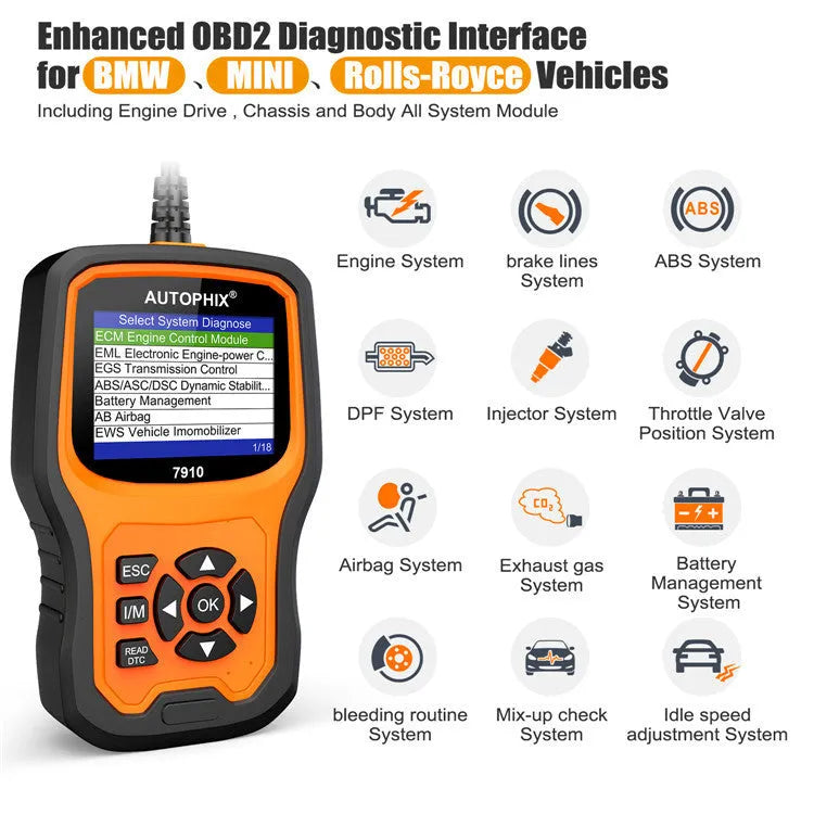 Autophix 7910 BMW diagnostic scanner OBD2 tool with display screen showing fault codes