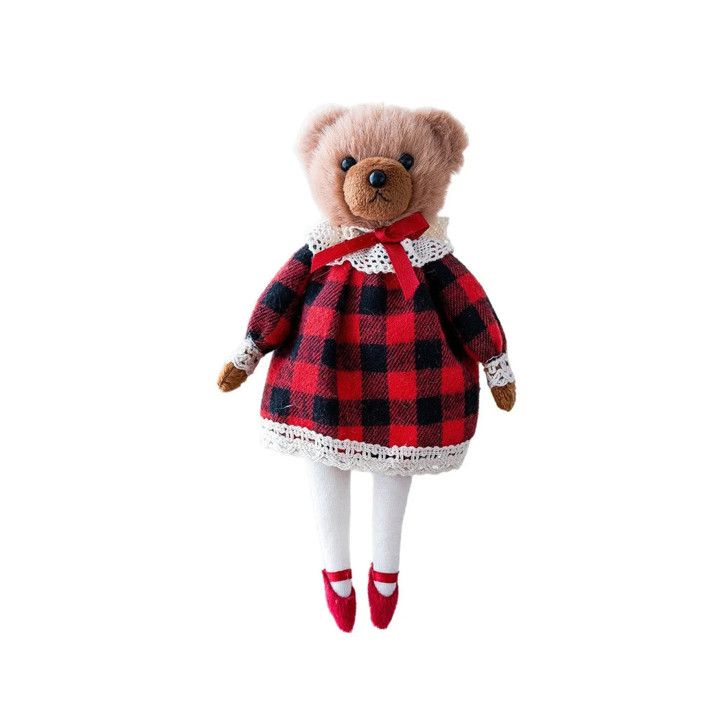 Gentleman bear and princess bear plush doll couple in cotton plaid fabric cartoon style