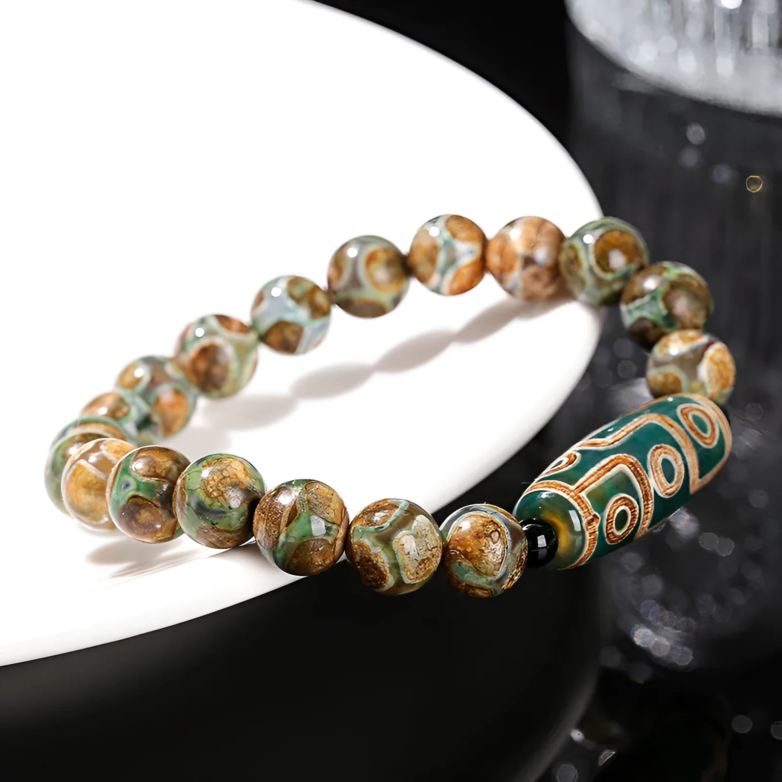 Green dzi bead barrel shaped bracelet with 8mm beads and handmade finish