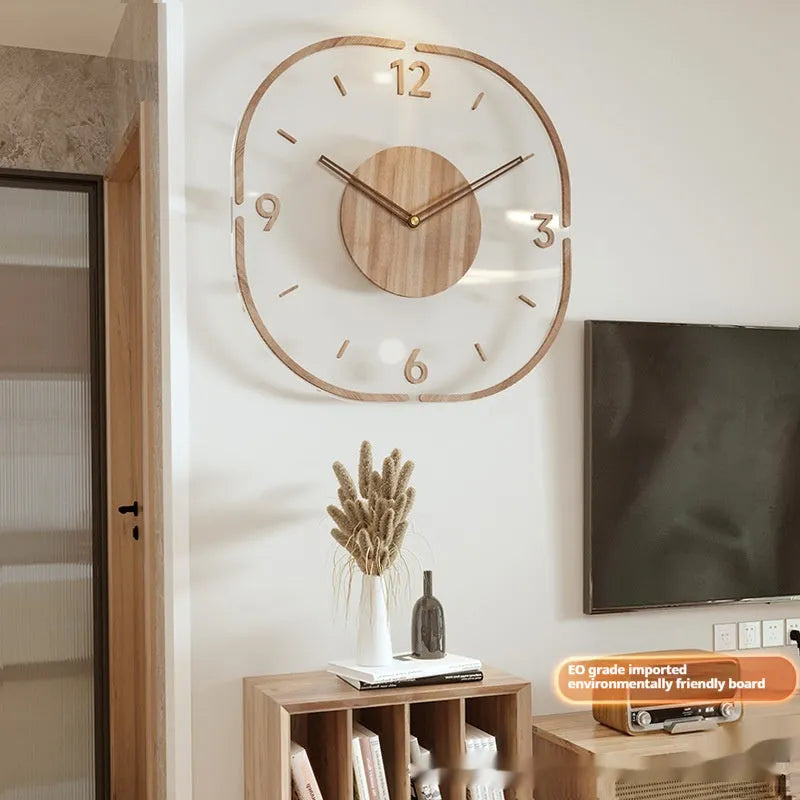 Transparent wooden frame wall clock with clear glass face and black Roman numerals