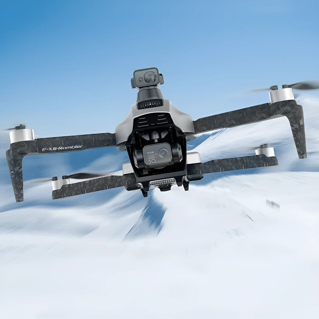 White folding quadcopter drone with 4K camera and obstacle avoidance sensors, shown with remote control and shoulder bag.