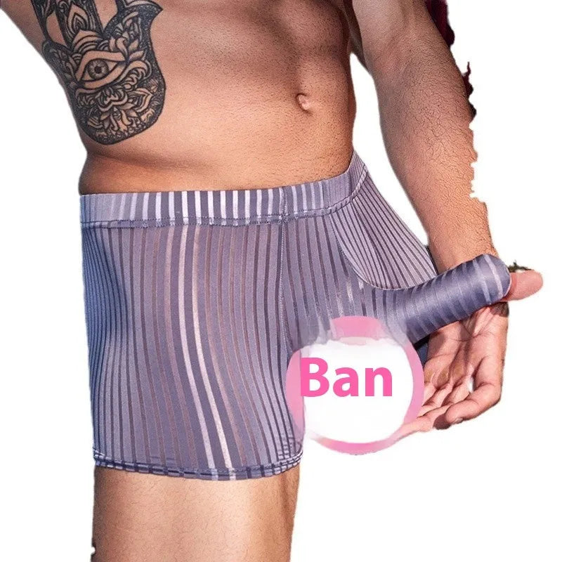 Men's striped nylon boxer briefs in free size shown in black, white and dark grey colours