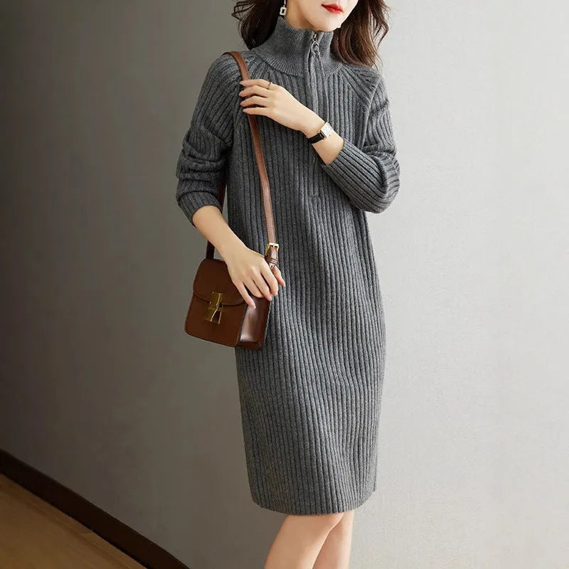 Half zipper loose casual long sleeves stand collar woolen straight dress in solid colour