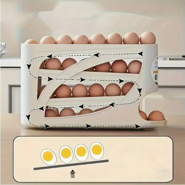 Rolling slide egg storage box for refrigerator, plastic 4 layer, beige colour