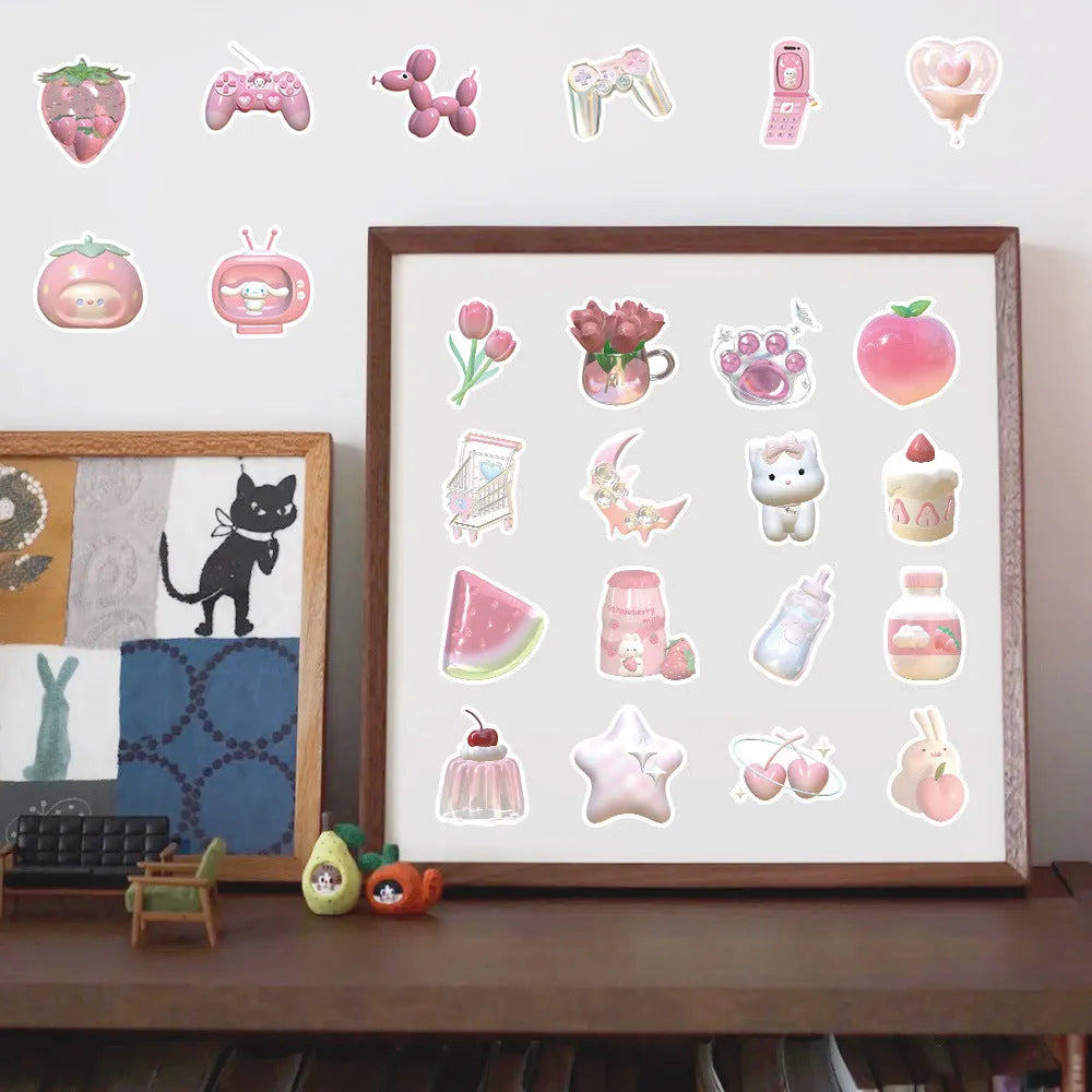 63 piece decorative sticker pack showing pink heart patterns with realistic 3D printing effects