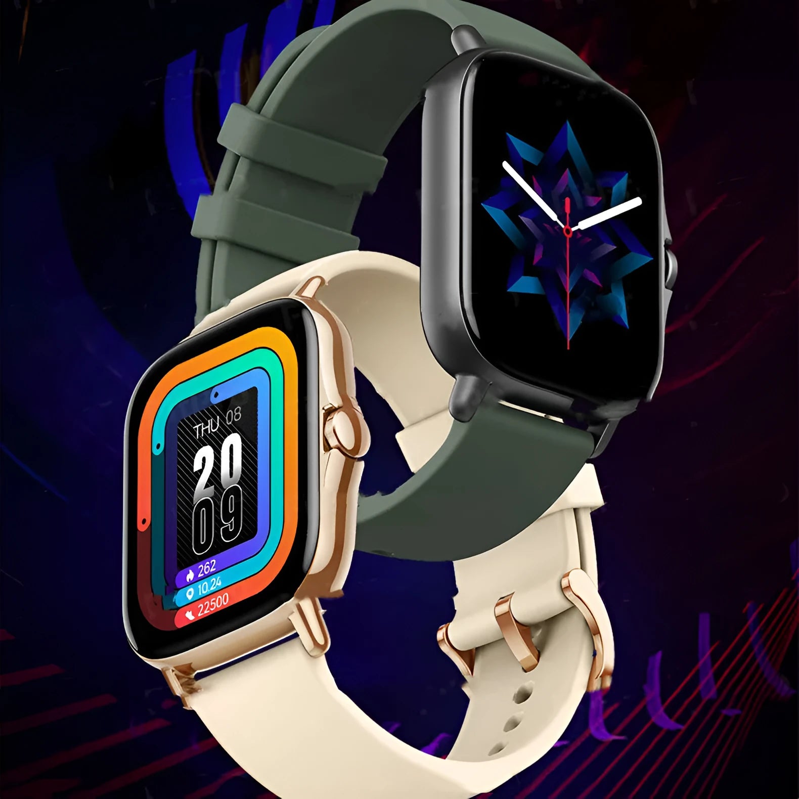 GT20 smartwatch with alloy case and silicone strap showing heart rate monitoring on screen.